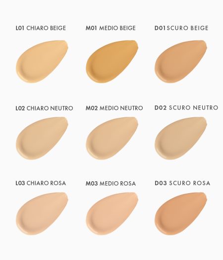 Gamma delle nuance del Fillerina 15HA CC Serum di Labo Suisse: tonalità beige, neutre e rosate in versione chiara, media e scura