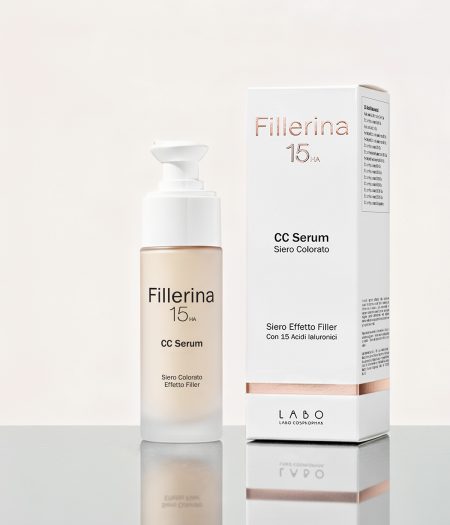 Flacone e confezione del Fillerina 15HA CC Serum di Labo Suisse, siero colorato con effetto filler e 15 acidi ialuronici